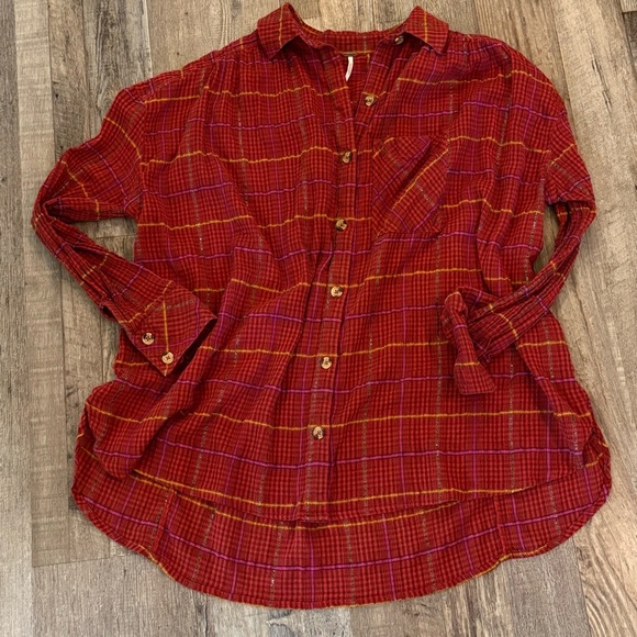 FREE PEOPLE Red and Yellow Plaid Button-Up Lightweight Oversized Shirt Size XS - Picture 1 of 7